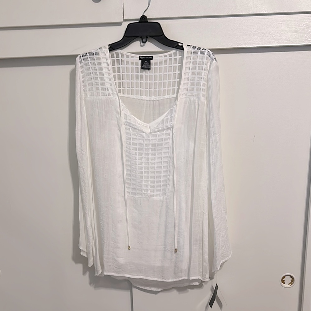 New Directions White Long Sleeve Tie Front Blouse